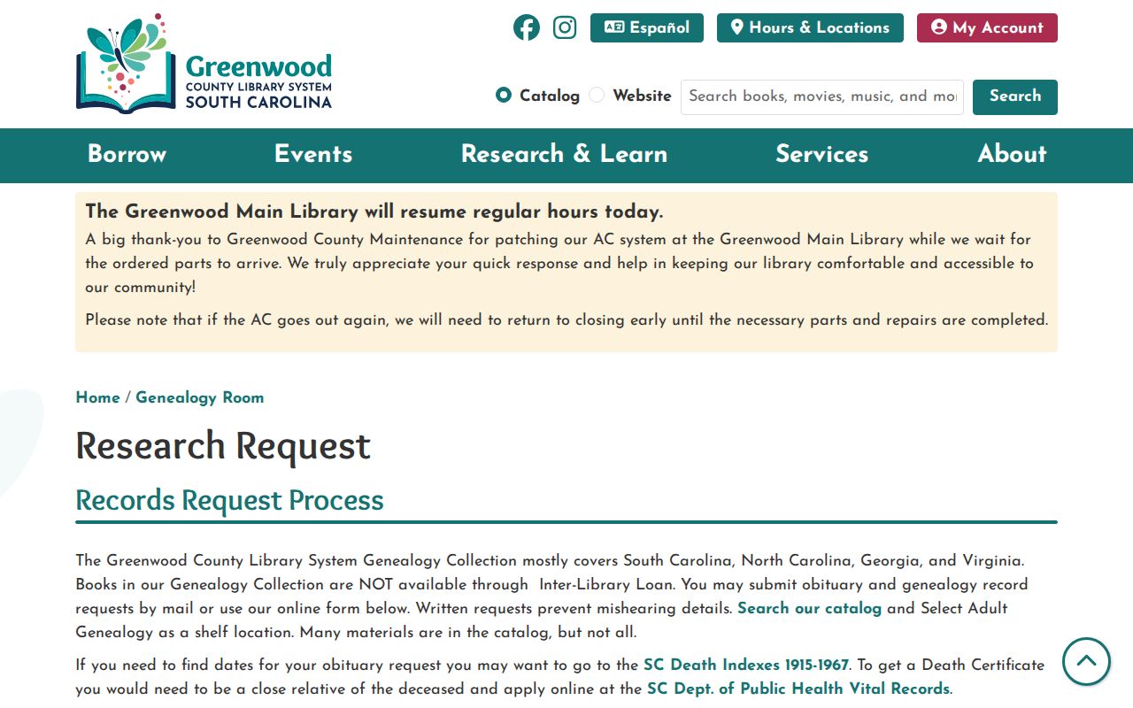 Greenwood city directory request form from the Lawrence Genealogy Room