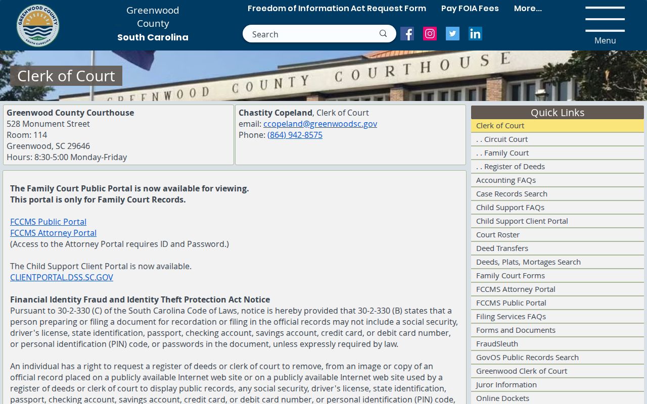 Greenwood residents directory Clerk of Court access page